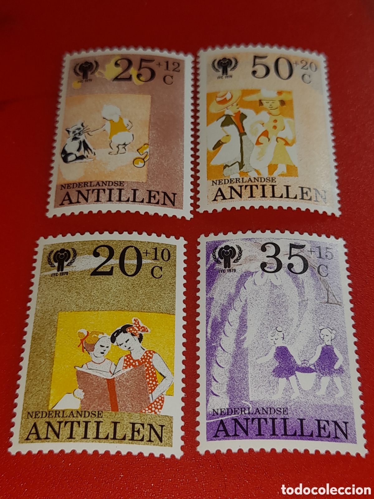 Sellos: HB Antillas Holandesas nuevo 1979. A&ntilde;o inter ni&ntilde;o. Juegos. Disfraz. ONU. Palmera. Libro. Arte. Gato.