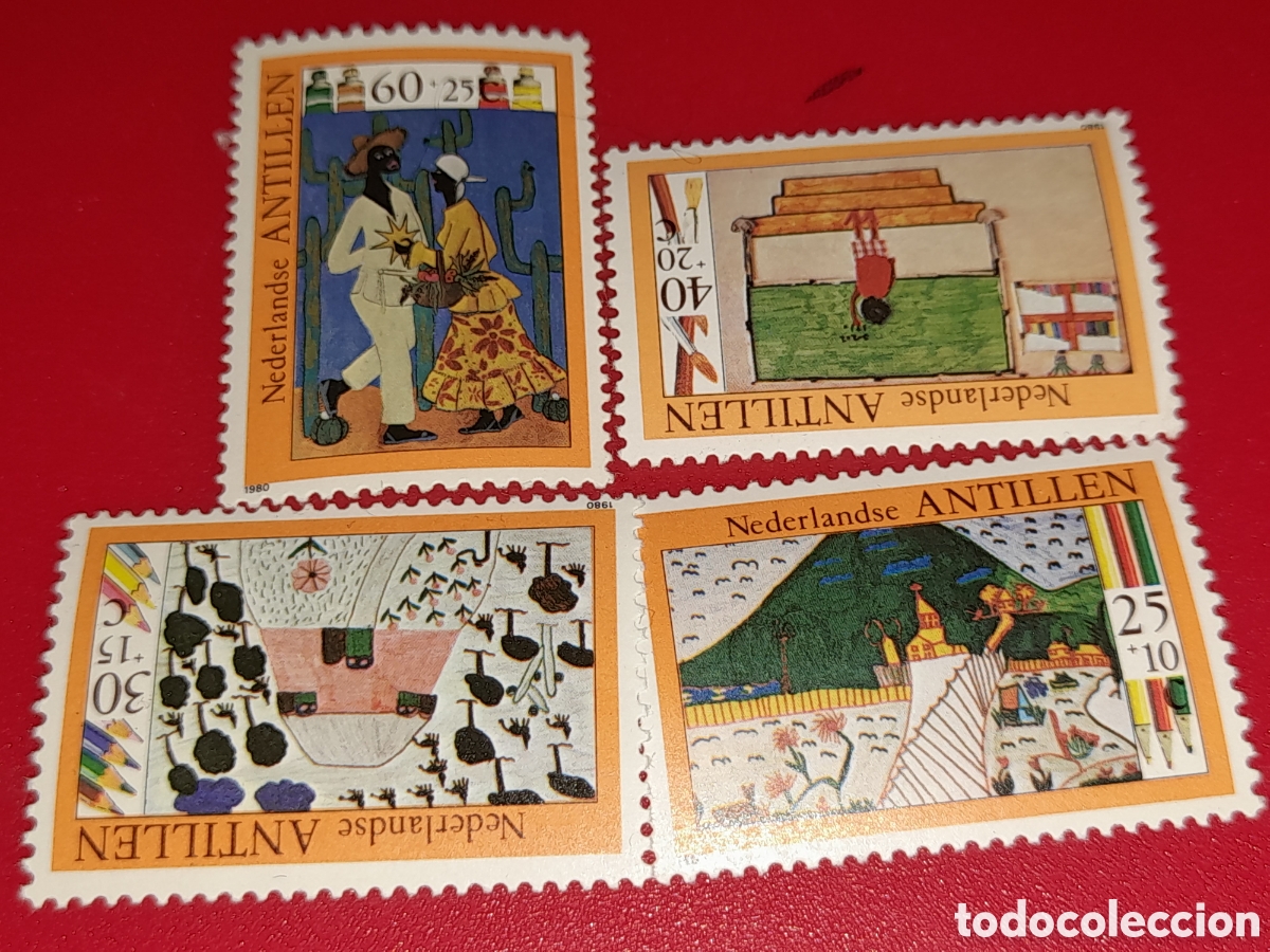 Sellos: Sello Antillas Holandesas nuevo 1980. Bienestar infancia. Arte. Dibujos. Ni&ntilde;o pizarra. Aevol. Casa B