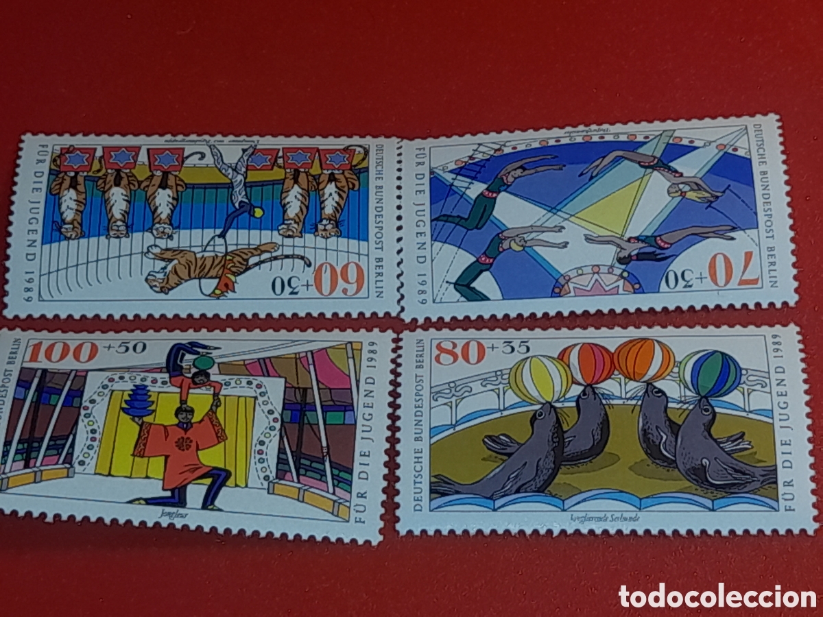 Sellos: Sello Alemania, Berlin nuevo 1989. Pro . Circo. Trabajo. Equilibrista. Fauna. Animales. Tigre. Foca.