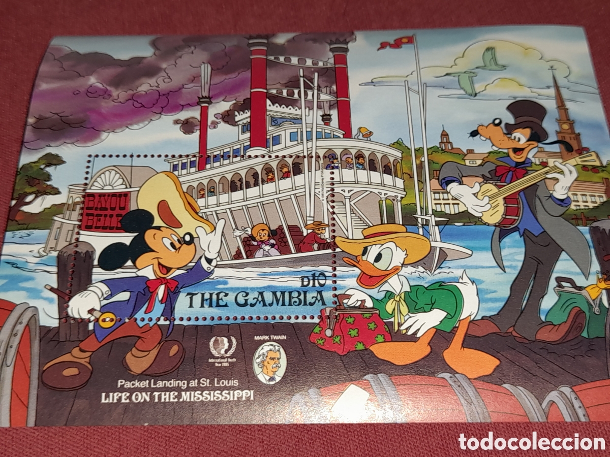 Sellos: HB Gambia nuevo 1985. 150Aniv nacimiento escritor Marx Twain. Arte. Literatura. Disney. Barco. Anima