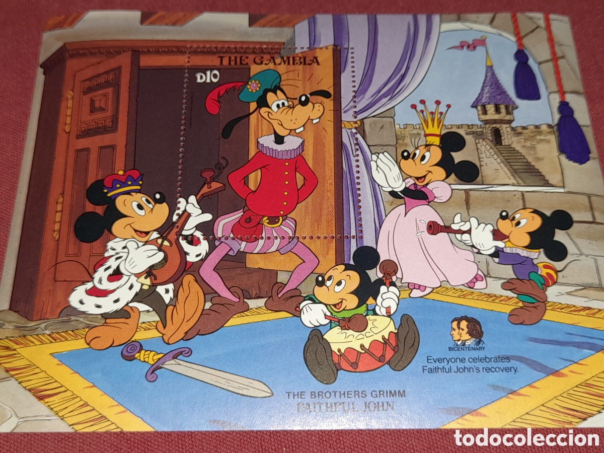 Sellos: HB Gambia nuevo 1985. Disney. Cuantos hermanos Grimm. Hadas. Aniamles. F&aacute;bula. Dibujos. Castillo.