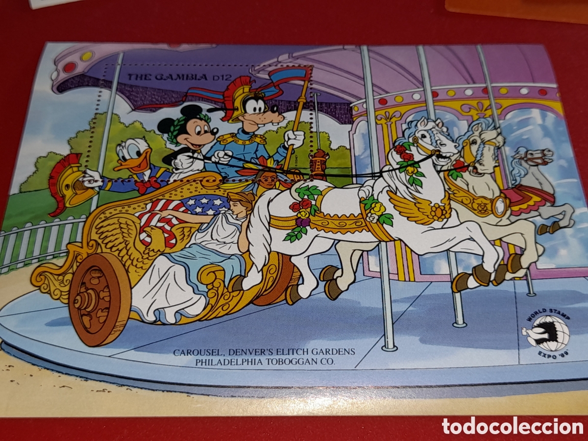 Sellos: HB Gambia nuevo 1989. Disney. Exp Filt Inter. Washington. Dibujos. Carrusel. Caballo. Animaci&oacute;n. Inf