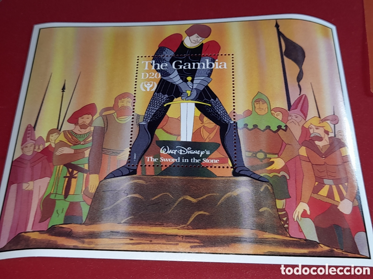 Sellos: HB Gambia nuevo 1991. Disney. A&ntilde;o inter alfabetizaci&oacute;n. Cultura. Infancia. Espada. Dibujos. Animacio