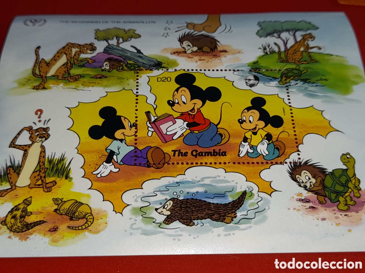 Sellos: HB Gambia nuevo 1991. Disney. A&ntilde;o inter alfabetizaci&oacute;n. Infancia. Cartograf&iacute;a. Mapa. Fauna. Dibujos.