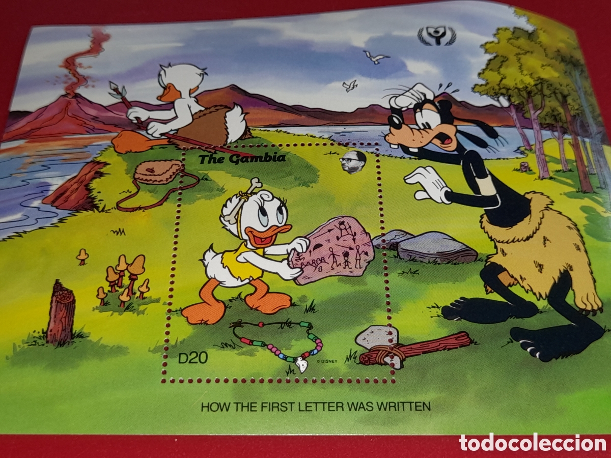 Sellos: HB Gambia nuevo 1991. Disney. A&ntilde;o inter alfabetizaci&oacute;n. Dibujos. Animaci&oacute;n. F&aacute;bula. Volc&aacute;n. Perro. P