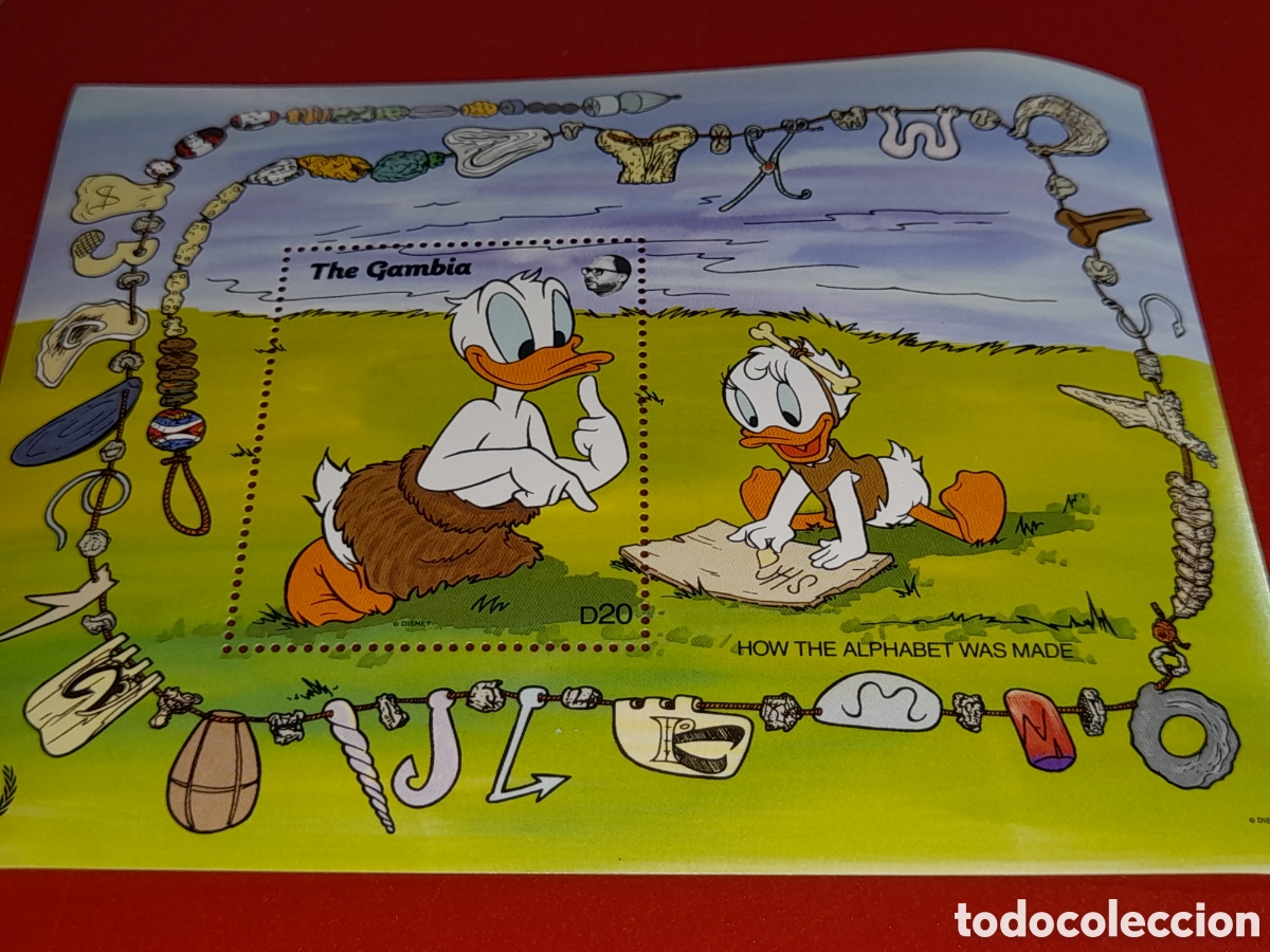 Sellos: HB Gambia nuevo 1991. Disney. A&ntilde;o inter alfabetizaci&oacute;n. Arqueologia. Infancia. Dibujos. F&aacute;bula. Anim