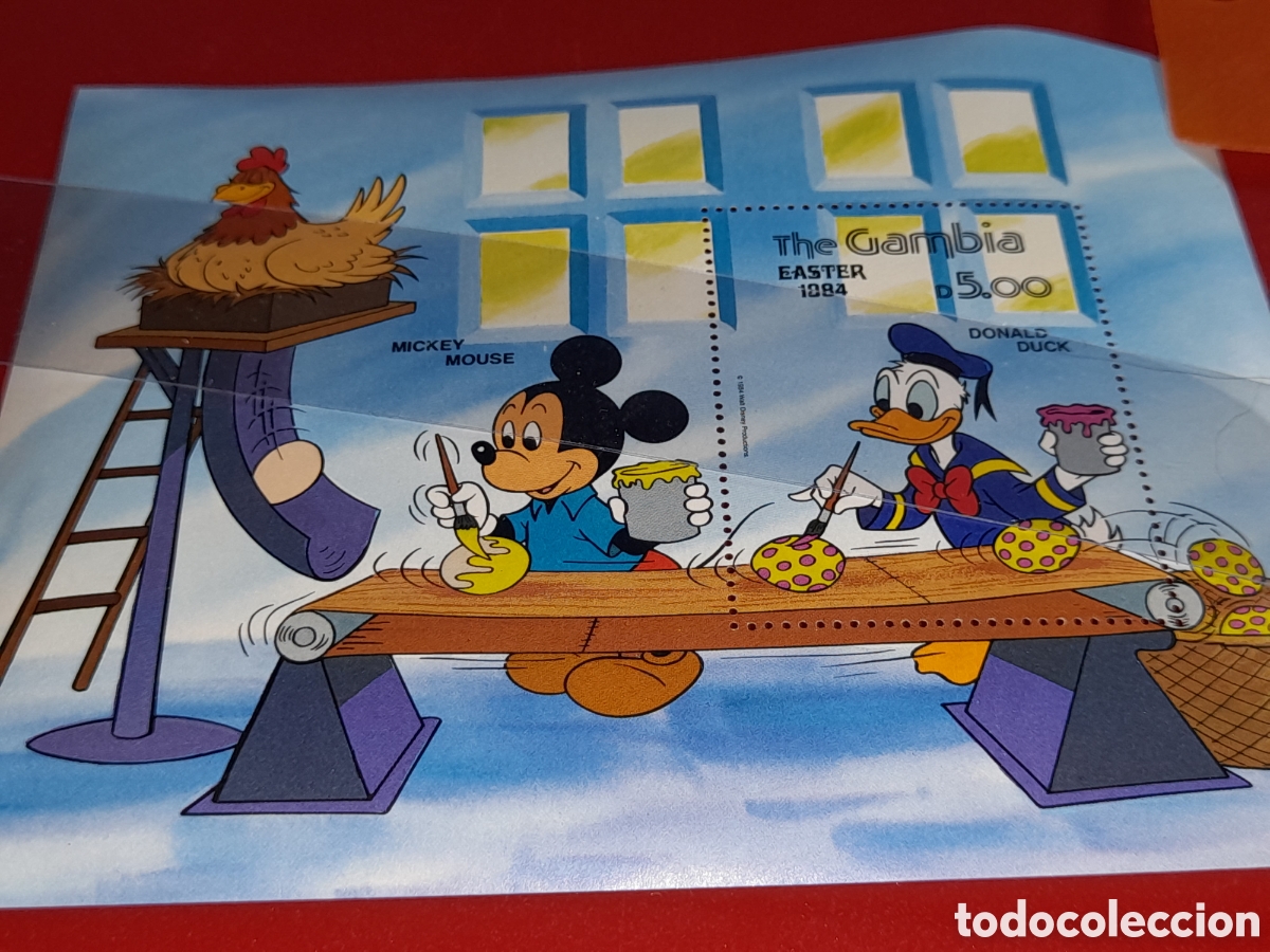 Sellos: HB Gambia nuevo 1984. Disney. Pascua. Animaci&oacute;n. Dibujos. F&aacute;bula. Cuento. Huevos. Gallina. Aves. Fau