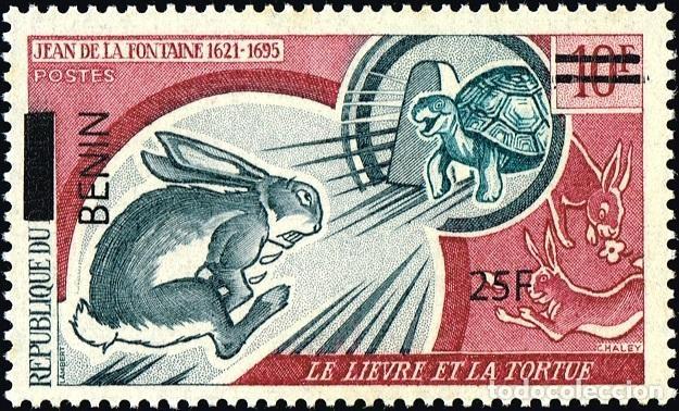 Sellos: Ben&iacute;n 2009 Mi. 1475 sobrecargado La Fontaine liebre tortuga f&aacute;bula