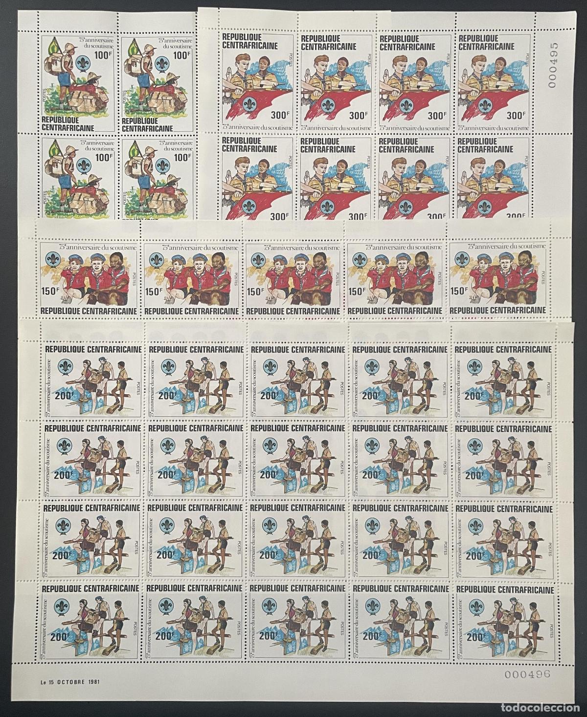 Sellos: Centroafricano 1982 YT 491-494 tabl&oacute;n scoutismo scouts ni&ntilde;os 75 cumplea&ntilde;os