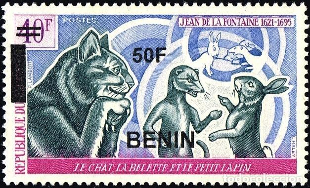 Sellos: Ben&iacute;n 2009 Mi. 1579 sobrecargado 50F La Fontaine gato comadreja conejo