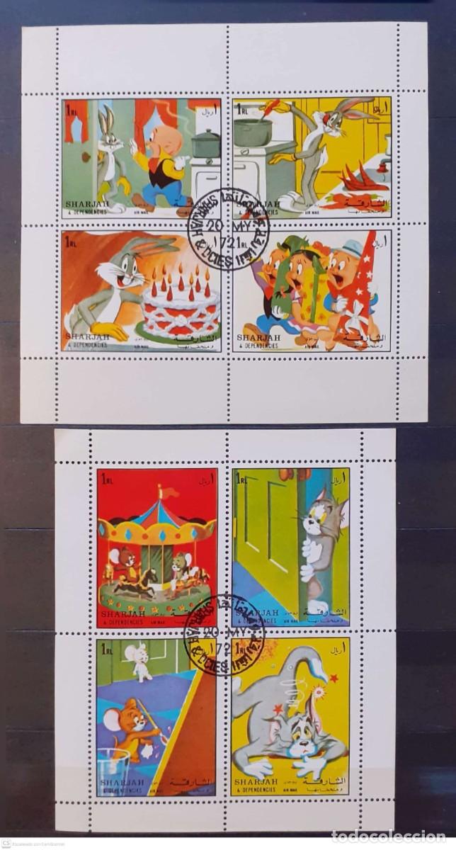 Sellos: SHARJAH n&deg; 1083/1090&deg; en 2 bloques. Dibujos animados. Tom y Jerry, Bugs Bunny