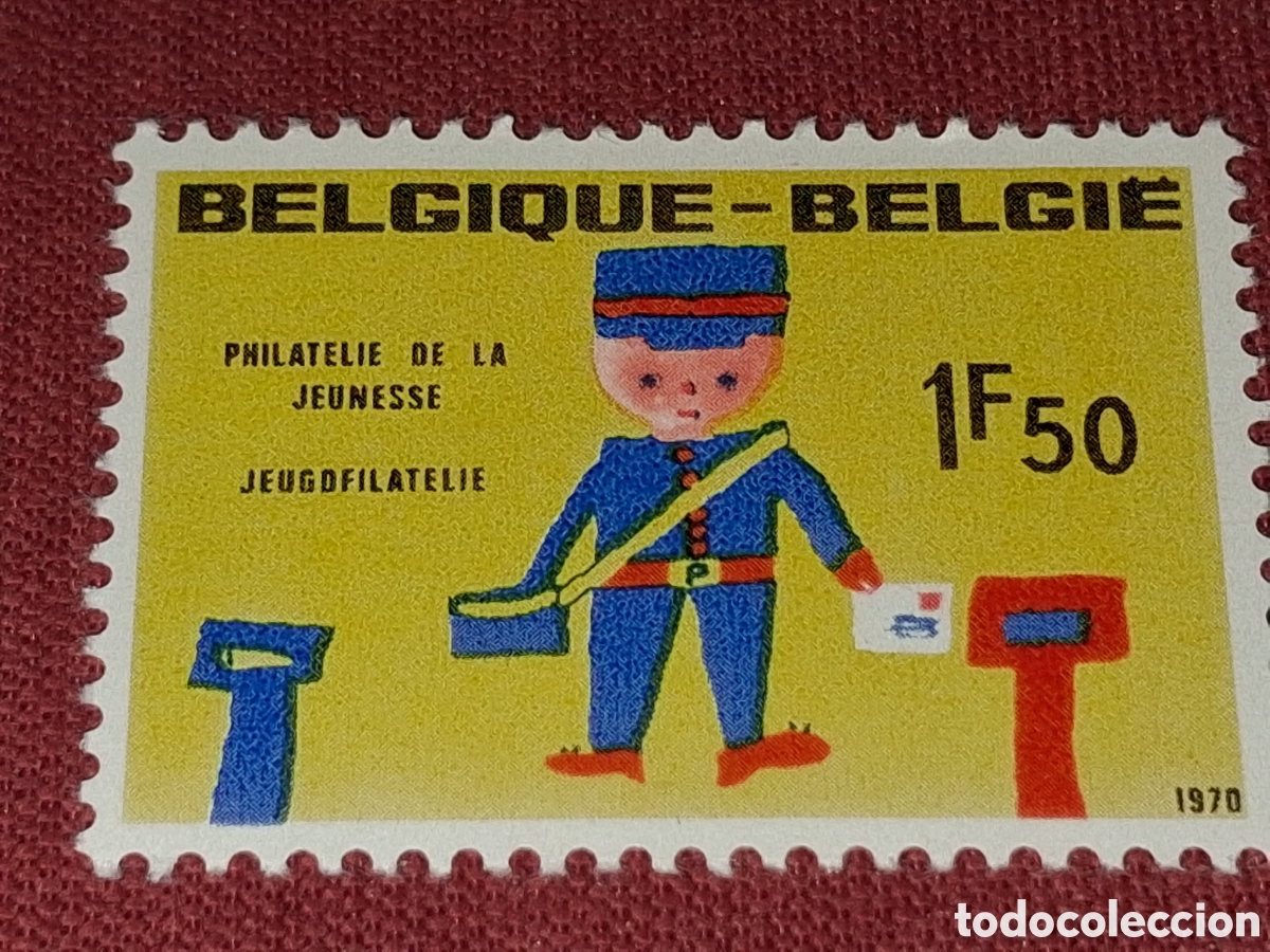 Sellos: Sello B&eacute;lgica nuevo 1970. Pro filatelia. Juventud. Infancia. Cartero. Uniforme. Buz&oacute;n. Coleccionismo