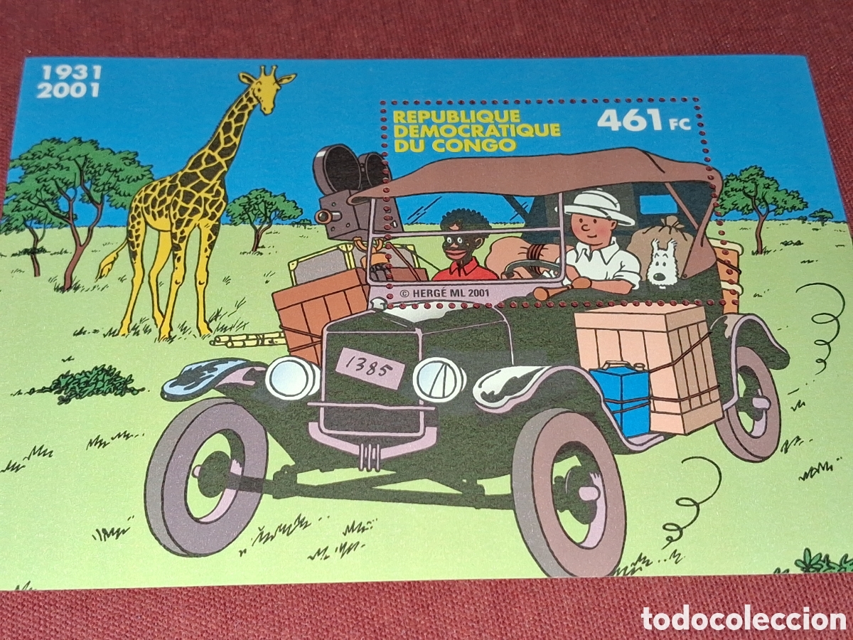 Sellos: HB R D Congo (Zaire) nueva 2001. Tint&iacute;n en Congo. Veh&iacute;culo. Fauna. Jirafa. Animaci&oacute;n. Dibujos. Infa