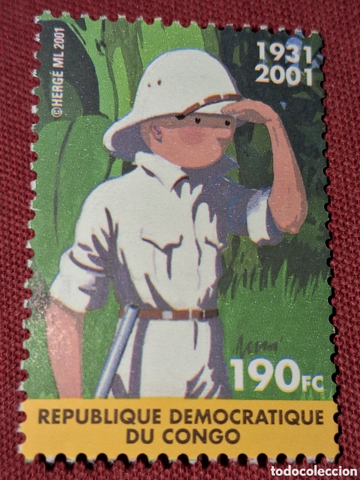 Sellos: Sello R D Congo (Zaire) nuevo 2001. Tint&iacute;n en Congo. Veh&iacute;culo. Fauna. Jirafa Animaci&oacute;n Dibujos. Infa