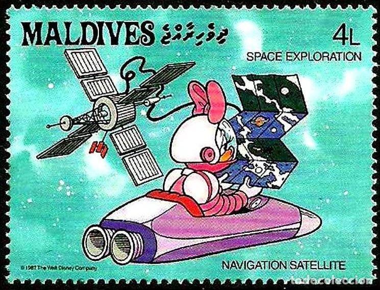Sellos: Maldivas 1988 Scott 1274 Sello ** Walt Disney Espacio Exploraci&oacute;n Espacial Daisy y Satelite Navegaci