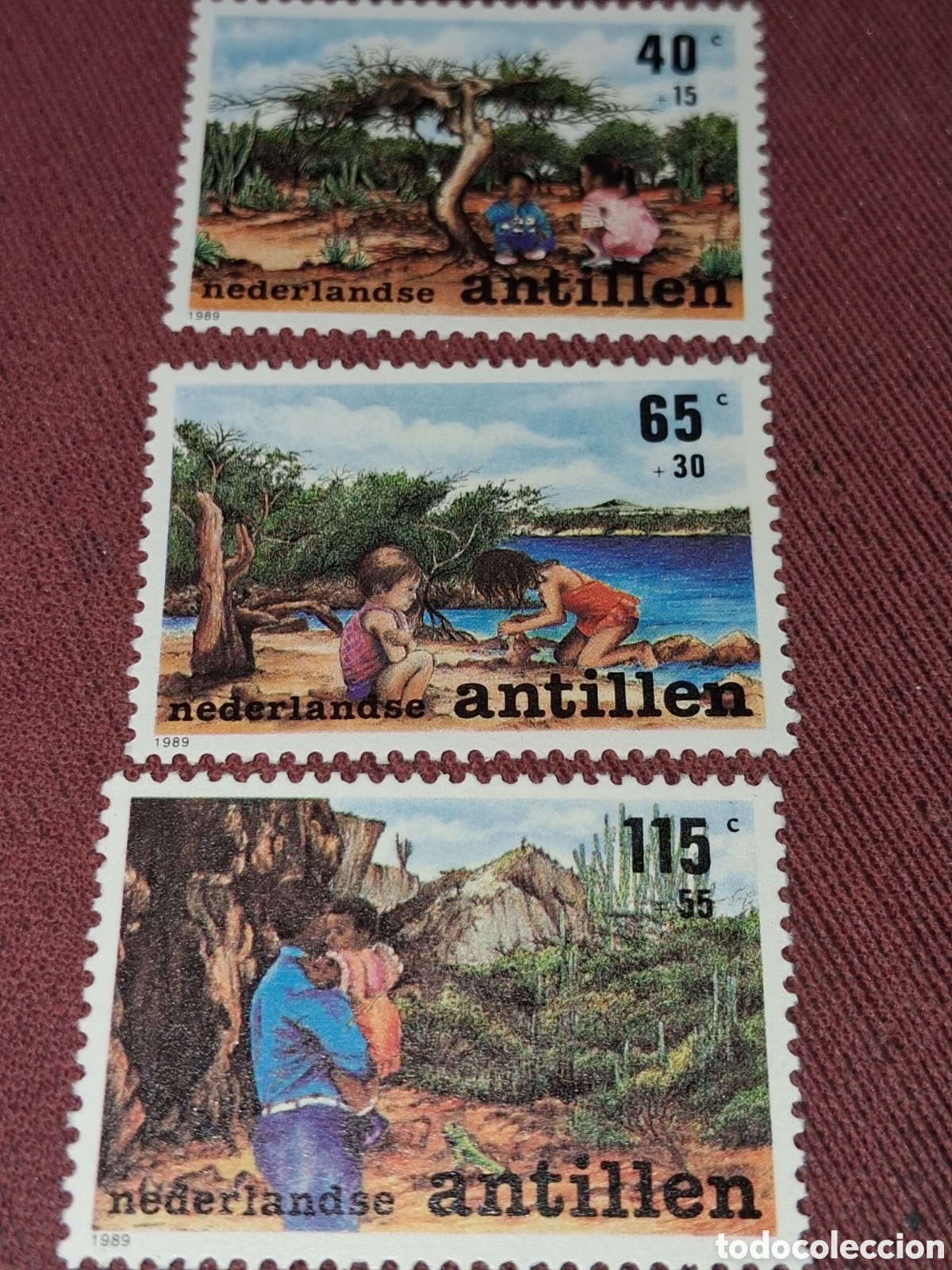 Sellos: Sello Antillas Holandesas nuevo 1989. Pro infancia. Naturaleza. &Aacute;rboles. Ni&ntilde;os. Playa. Juegos. Flora