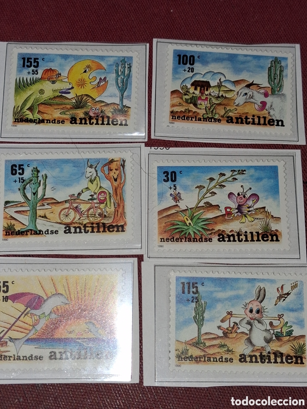 Sellos: Sello Antillas Holandesas nuevo 1990. Pro infancia. Dibujos. Naturaleza. Fauna. Abejas. Playa. Delfi