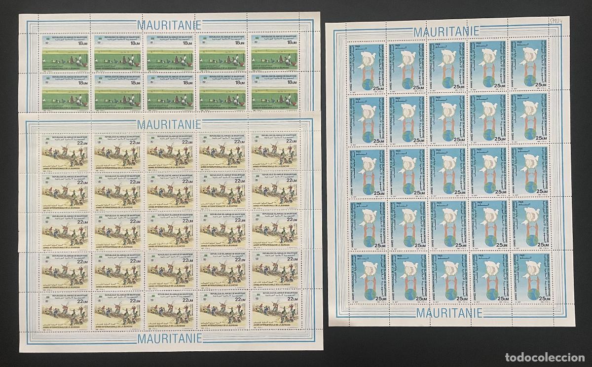 Sellos: Mauritania 1985 YT 572-574 tabl&oacute;n juventud paz paloma globo