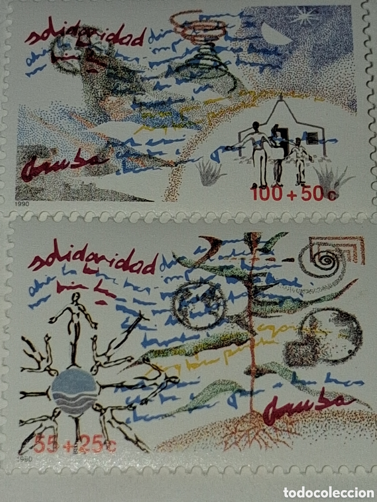 Sellos: Sello Aruba nuevo 1990. Solidaridad. Casa familia. Gente. Ra&iacute;ces. Flora. Naturaleza.