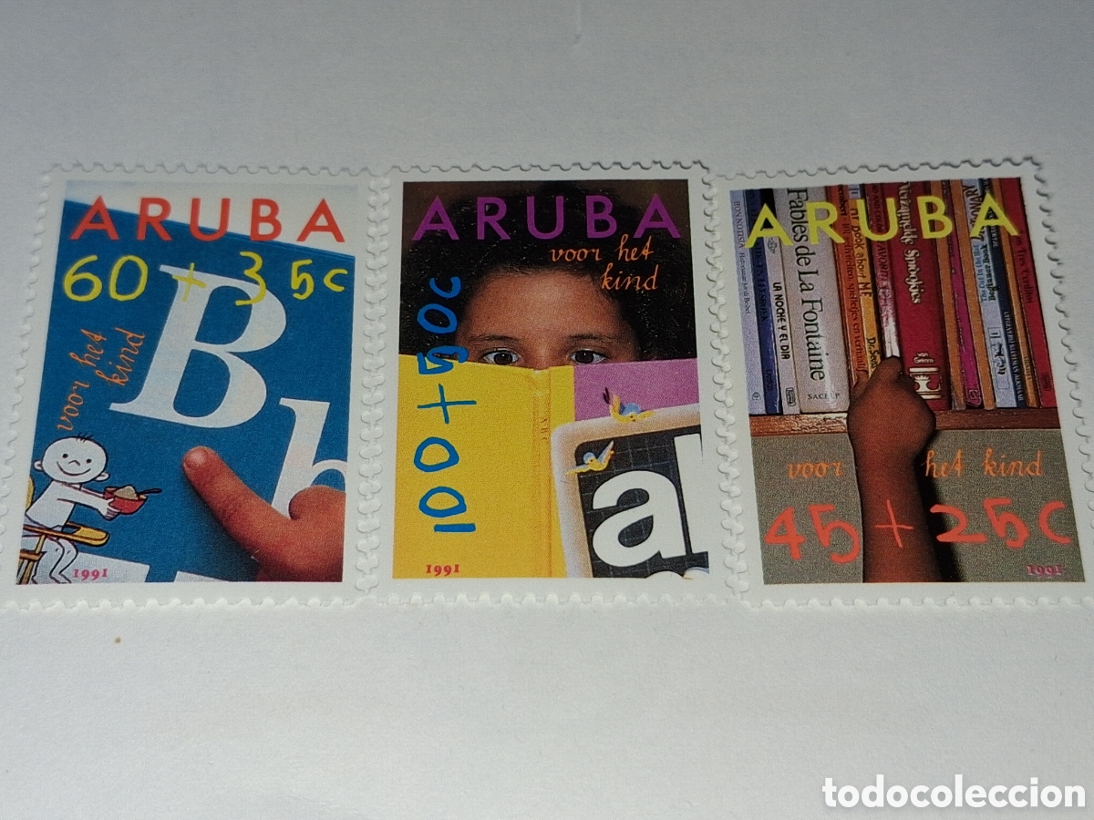 Sellos: Sello Aruba nuevo 1991. Pro infancia. Letras. Libros. Biblioteca. Lectura. Arte. Cultura. Escuela.