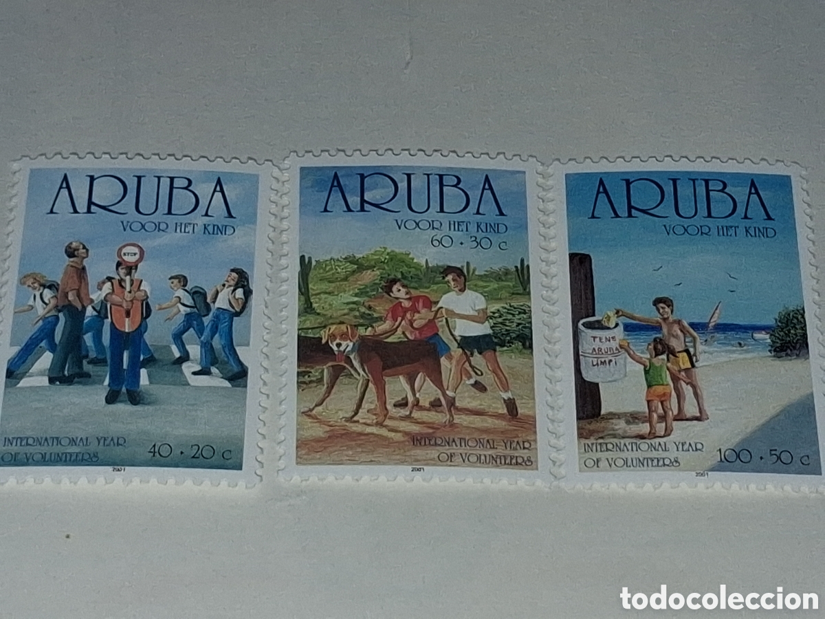 Sellos: Sello Aruba nuevo 2001. Pro infancia. A&ntilde;o inter voluntariado. Perro. Playa. Seguridad vial. Limpieza