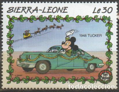 Sellos: SIERRA LEONA IVERT N&ordm; 1083, PERSOAJES DISNEY EN COCHES CLASICOS: MICKEY EN TUCKER 1948, NUEVO ***