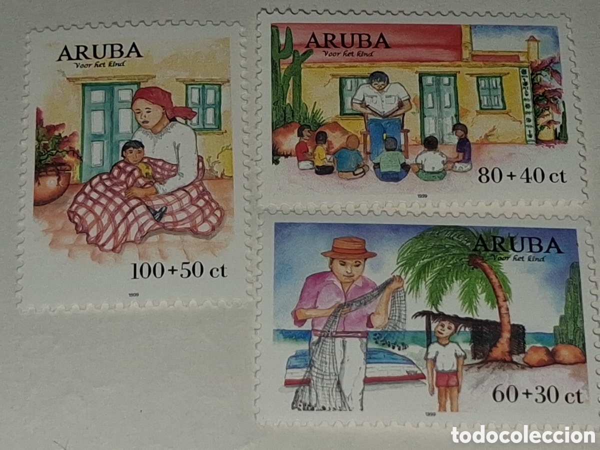 Sellos: Sello Aruba nuevo 1999. Pro infancia. Pesca. Deporte. Caza. Madre. Cuidados. Mujer. Lectura. Libro