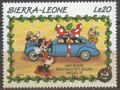 Sellos: SIERRA LEONA IVERT N&ordm; 1088, PERSONAJES DISNEY EN COCHES CLASICOS: Buick Roadmaster Sedan MODELO 91,