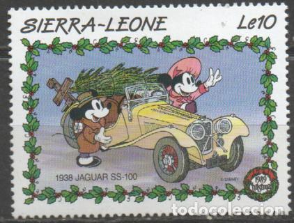 Sellos: SIERRA LEONA IVERT N&ordm; 1087, PERSONAJES DISNEY EN COCHES CLASICOS: EN JAGUAR S-100 DE 1938., NUEVO **