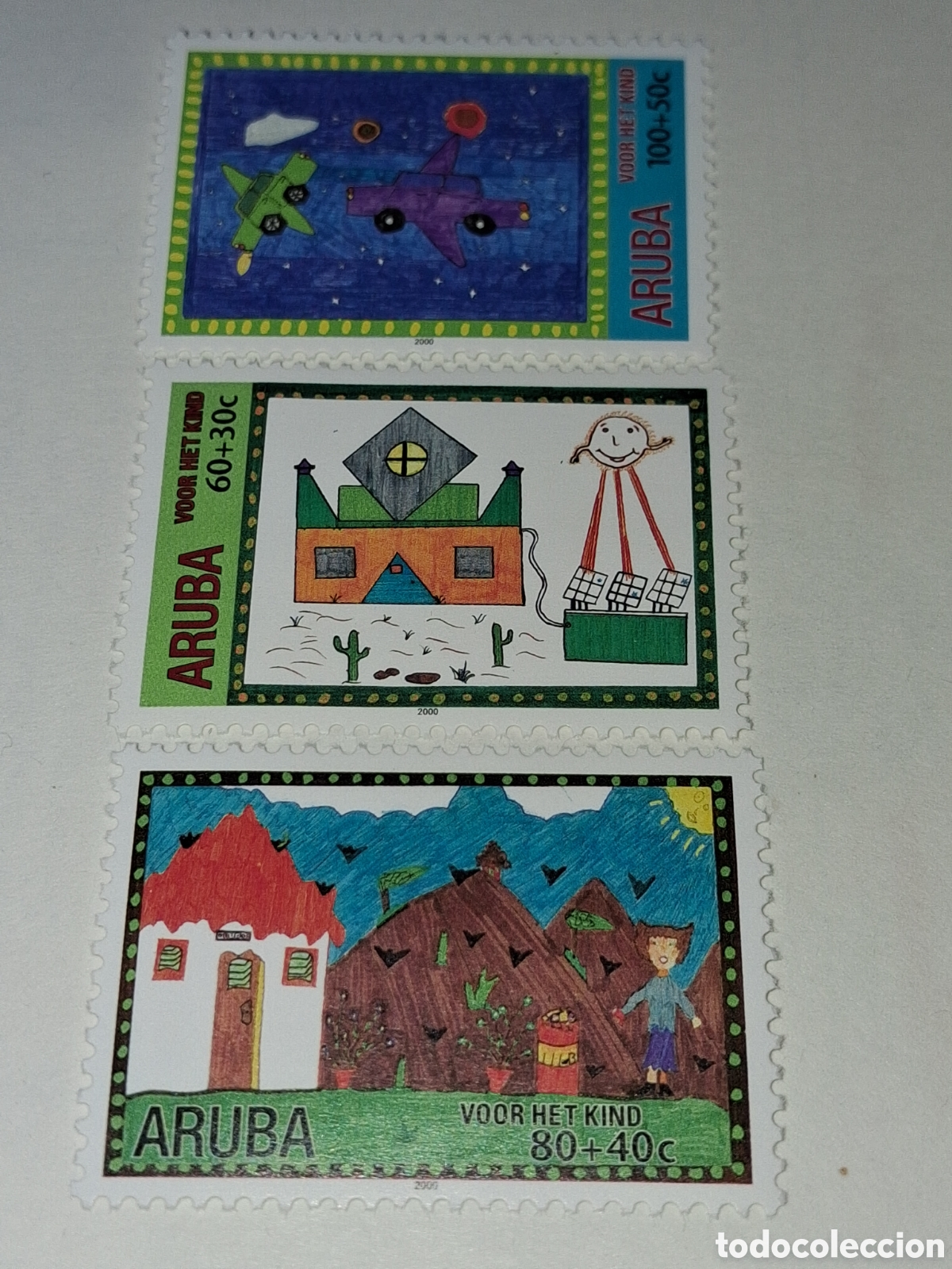 Sellos: Sello Aruba nuevo 2000. Pro infancia. Dibujos ganadores. Futuro. Naturaleza. Aves. Coches. Vuelos. S