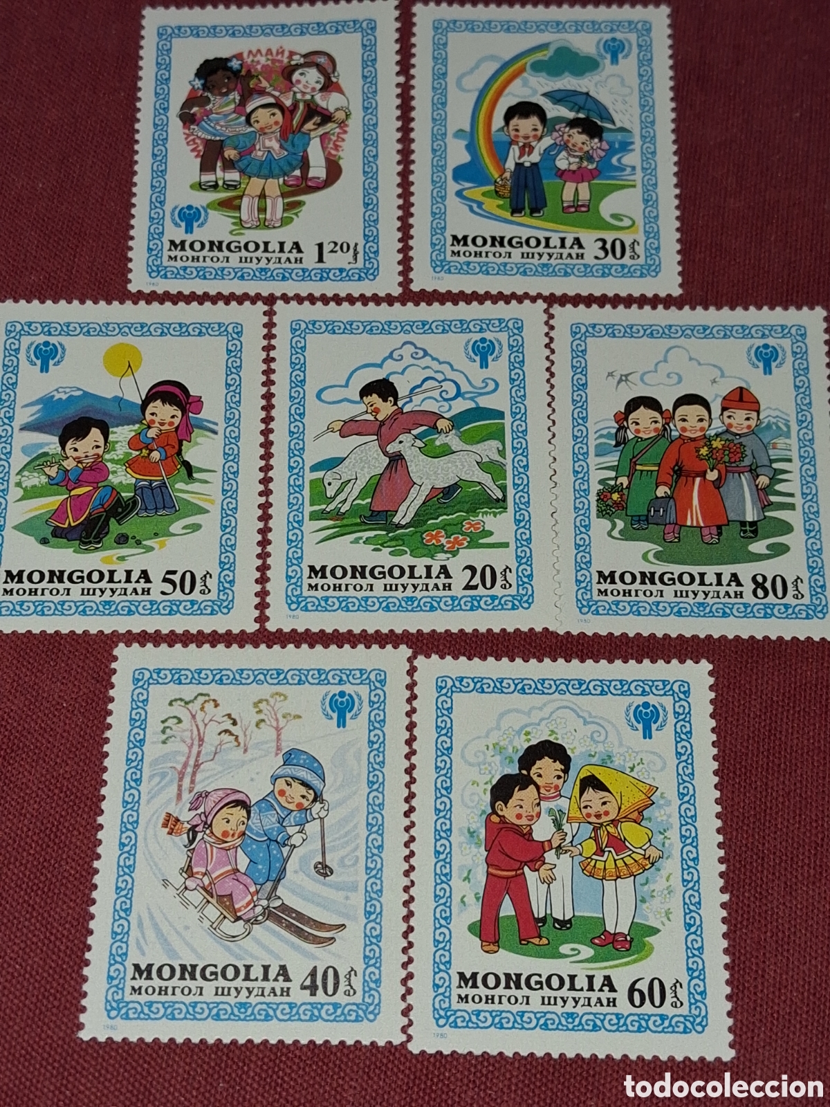 Sellos: Sello Mongolia nuevo 1980. A&ntilde;o inter ni&ntilde;o. Infancia. Juegos. Esqu&iacute;. Naturaleza. Oveja. Fauna. Danza.