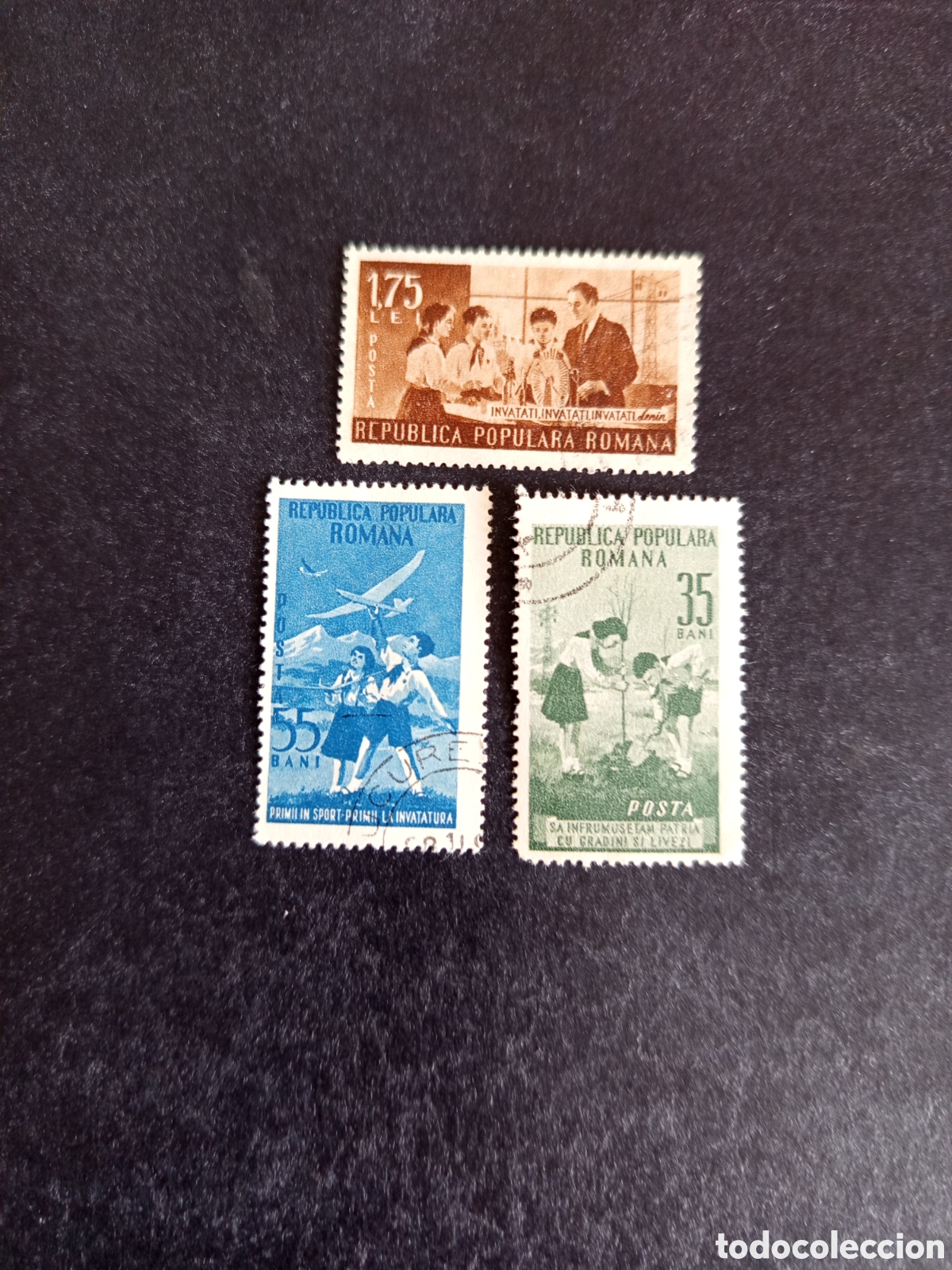 Sellos: Ruman&iacute;a, 1953. Actividades infantiles. Yv. 1304/6. Serie completa. Pedido m&iacute;nimo 3 &euro;. Ver fotos.