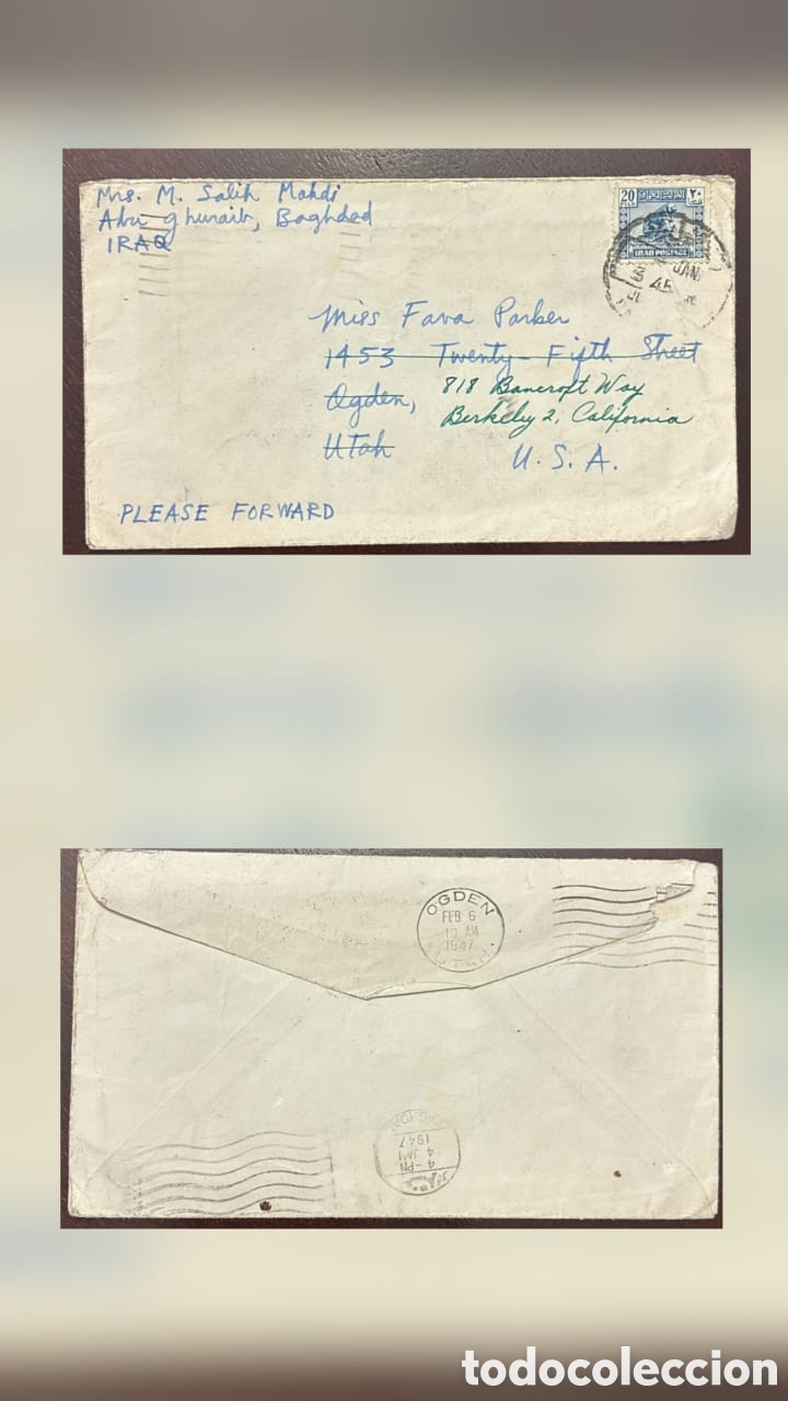 Sellos: CA)Iraq.1957.Forwarded International Letter. Envelope sent from Abu Ghuraib, Baghdad to Ogden, Utah,