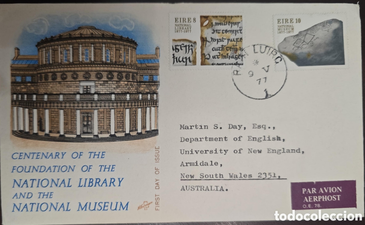 Sellos: CA)IRLANDA 1977An international First Day Cover (FDC) Centenary of the National Library Foundation a