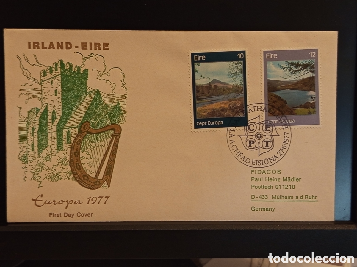 Sellos: &rdquo;FDC Irlanda 1977 - Europa CEPT paisajes - Circulado a Alemania - Arpa&rdquo;