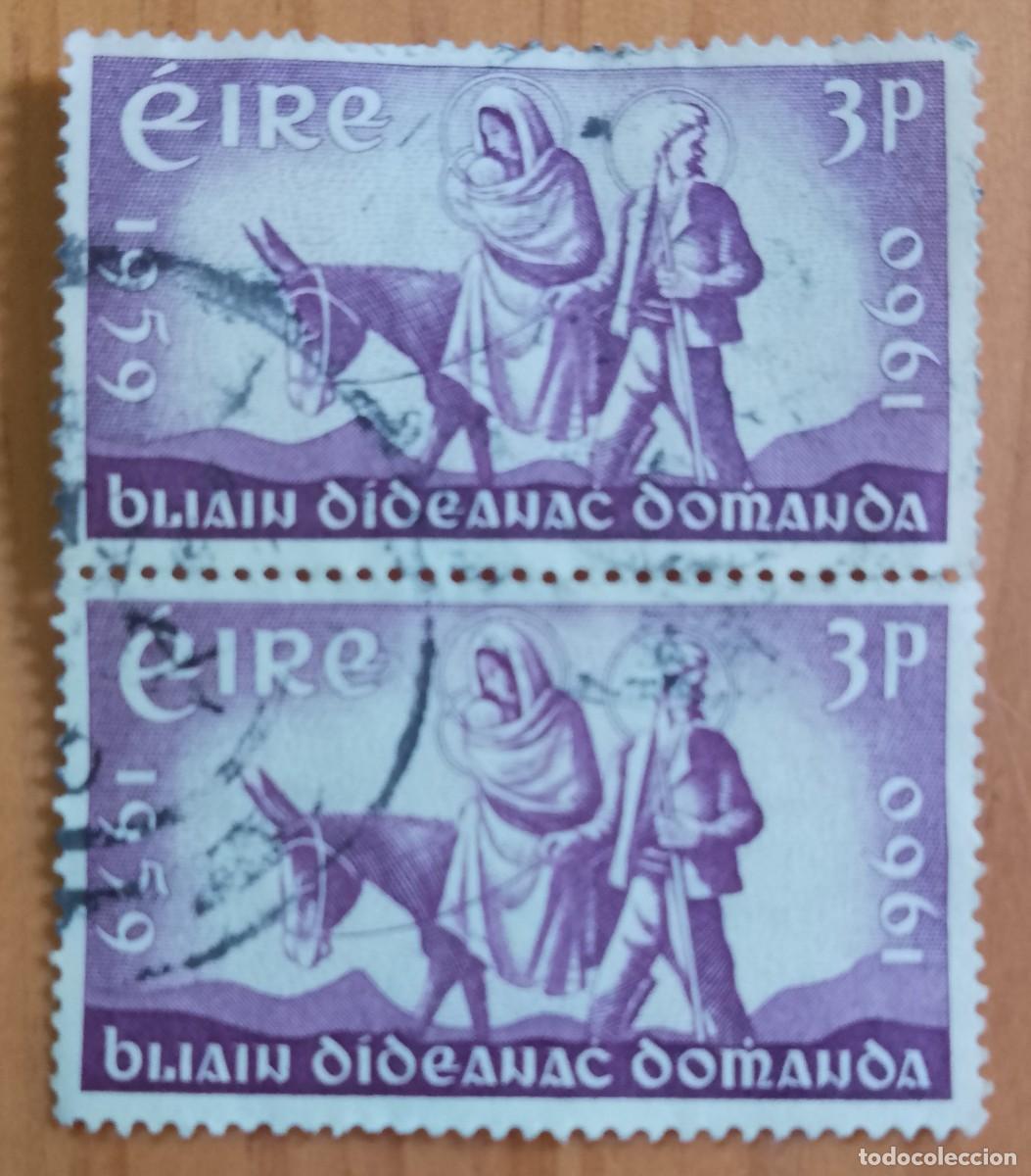 Sellos: IRLANDA, EIRE - V/F 3 P - 1959-1960 - TIRA CON DOS SELLOS - FAMILIA EN BORRICO.