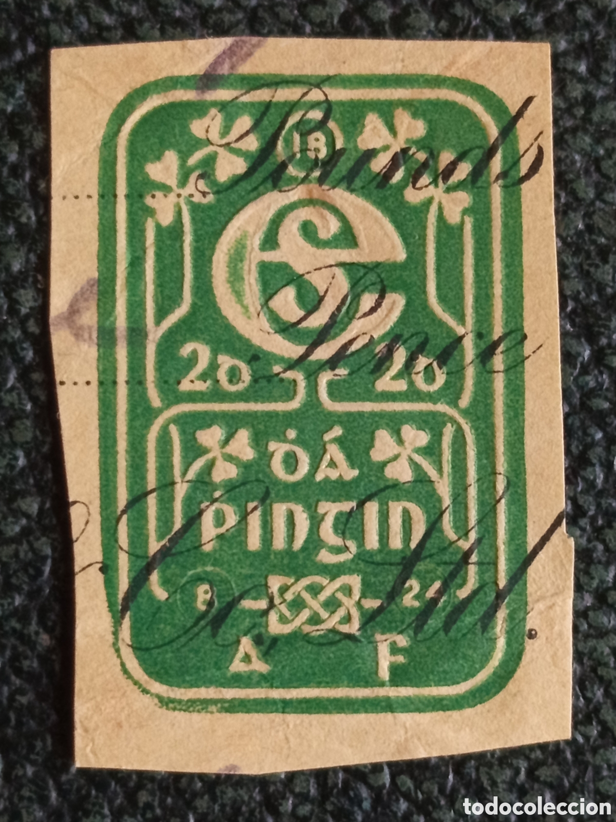 Sellos: Sello Fiscal Irlanda 1924 Eire D&aacute; Pingin 2d Verde Firma E&E Ltd Usado Barefoot
