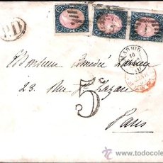 Sellos: 1865.- TRIPLE FRANQUEO DEL 12 CU. EN CARTA DE MADRID A PARÍS, PARRILLA, FECHADOR,TRÁNSITO Y LLEGADA. Lote 35632217