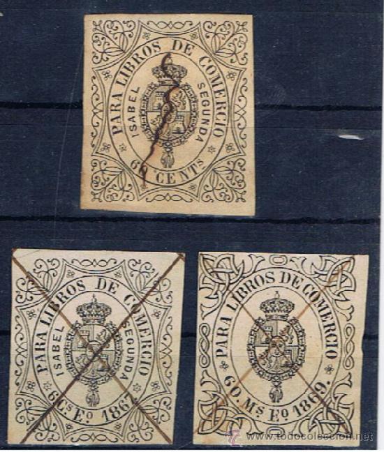 Sellos: 3 SELLOS DISTINTOS ISABEL II  LIBROS PARA COMERCIO - Foto 1