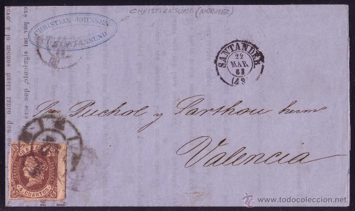 Sellos: 1863.IMPRESO de NORUEGA a VALENCIA. 4C. Mat. R.C.43 SANTANDER.Marca *ENCAMINADOR de SANTANDER*.ÚNICA