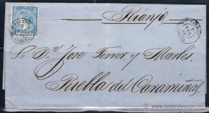 Sellos: 1866.- PADR&Oacute;N (LA CORU&Ntilde;A) A PUEBLA DEL CARAMI&Ntilde;AL - Foto 1