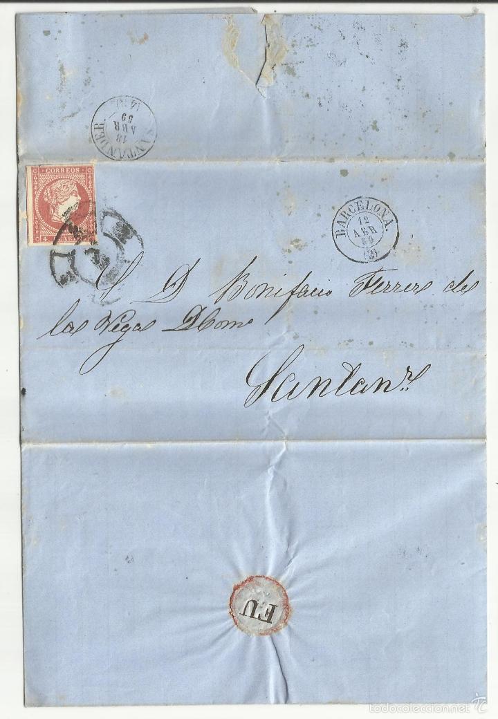 Sellos: circulada y escrita 1859 de barcelona a santander - Foto 1