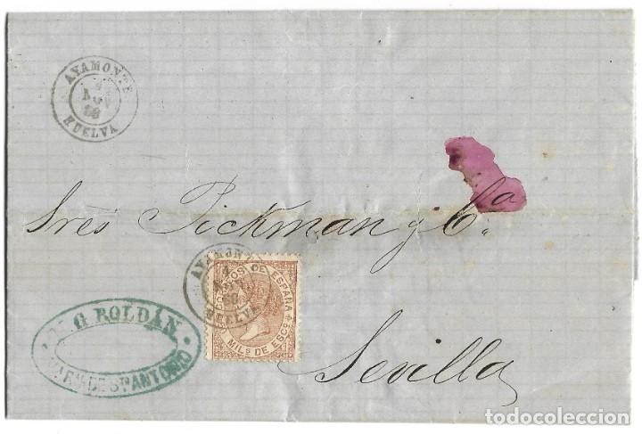 Sellos: 1868 CARTA COMPLETA AYAMONTE (HUELVA) A SEVILLA. FECHADOR TIPO 1857 50 MLS. ISABEL II - Foto 1 - 304819688