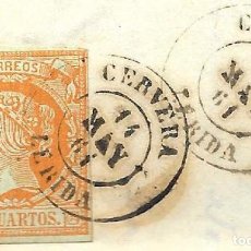 Sellos: 1861 CARTA COMPLETA TORÁ (LLEIDA / LÉRIDA) FECHADOR 1857 CERVERA, 4C. ISABEL II 1860. Lote 310107558