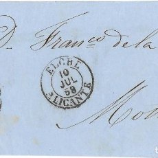 Sellos: 1858 CARTA FRONTAL ELCHE (ALICANTE) FECHADOR TIPO 1854 4C. ISABEL II 1856