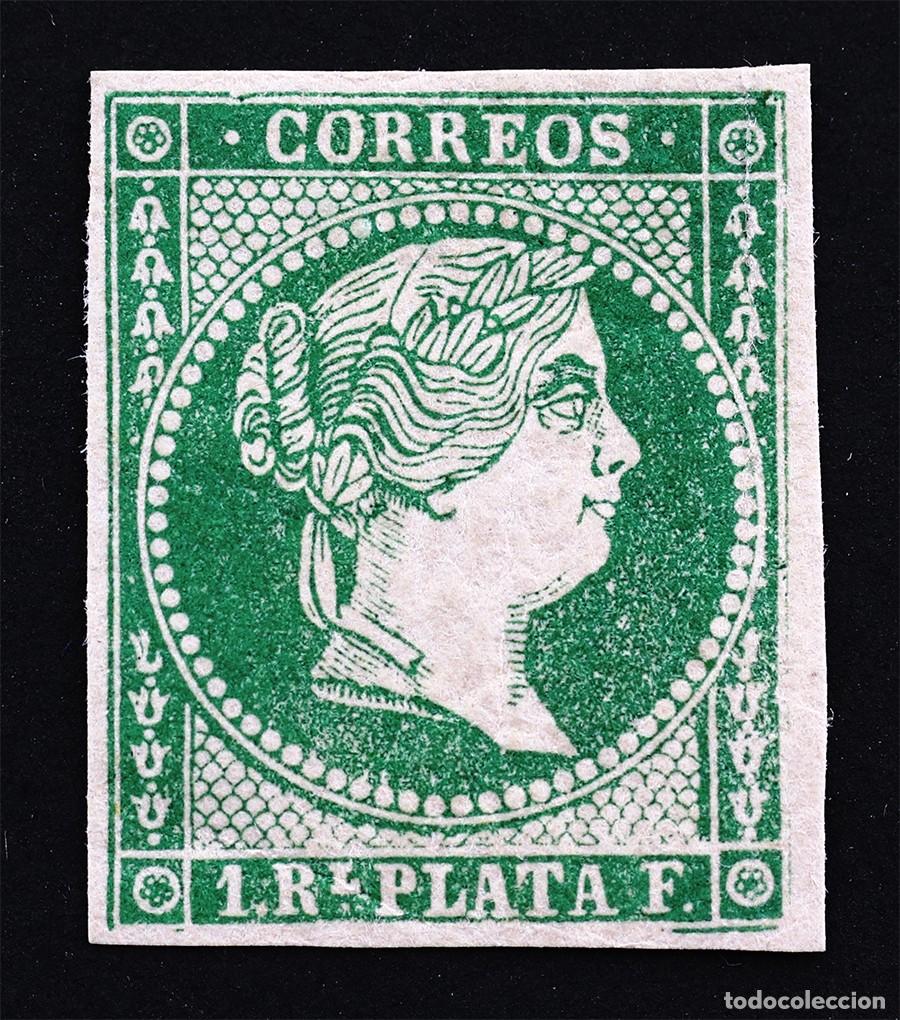 Sellos: Isabel II - 1 Real de plata 1857. Antillas. Nuevo, sin dentar, Goma original