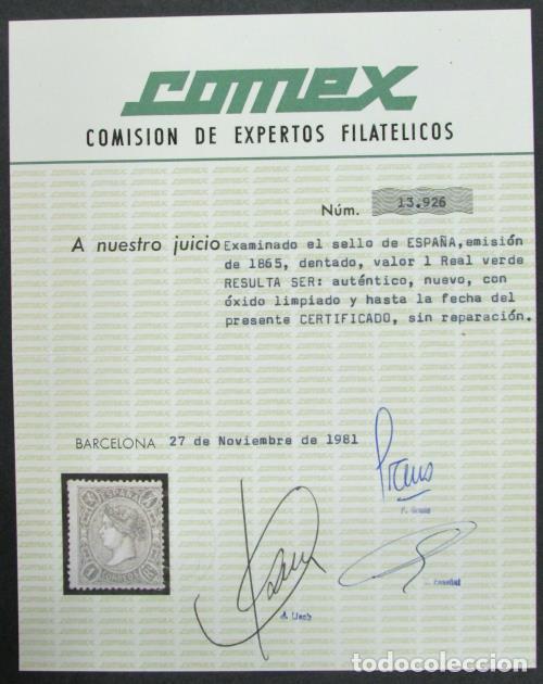 Sellos: Edifil 78. 1865. 1 real verde. Certificado. - Foto 2