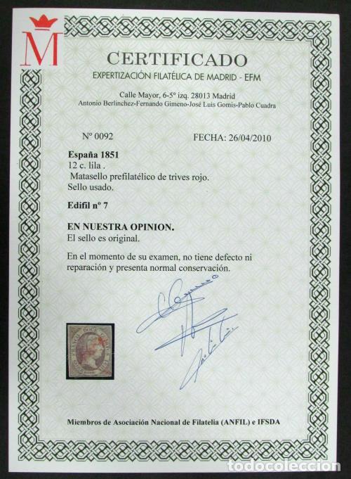 Sellos: Edifil 7. marca de Trives en rojo mal estampado. Certificado EFM. - Foto 2