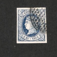 Sellos: 1864. ISABEL II. 2 REALES AZUL. MATASELLOS REJILLA DE PUNTOS DE BURGOS. FIRMADO SAEFTEL, LUJO