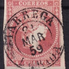 Sellos: ESPAÑA, 1859 EDIFIL Nº 48, 4 C. ROJO, [MAT. FECHADOR, TARREGA / LERIDA.]
